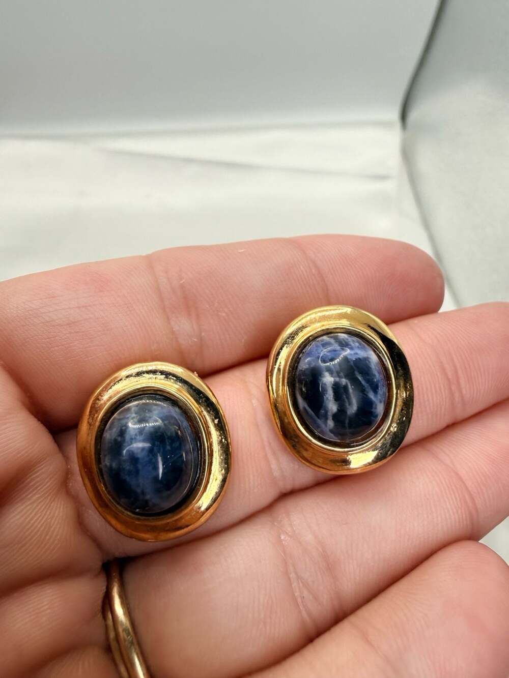 Francesca Romana Clip-On Earrings Blue Cabochon Gold Tone